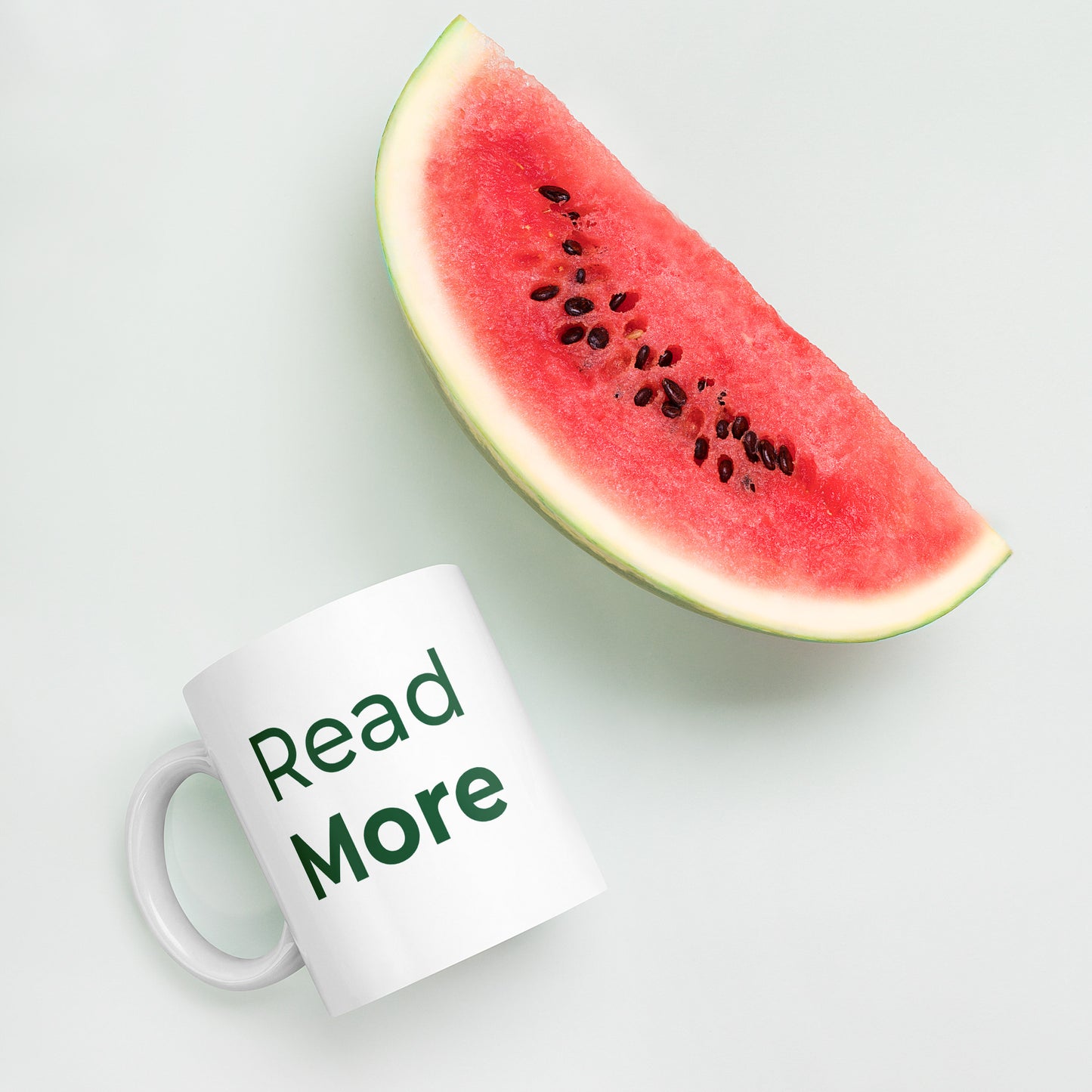 White glossy "Read more" mug