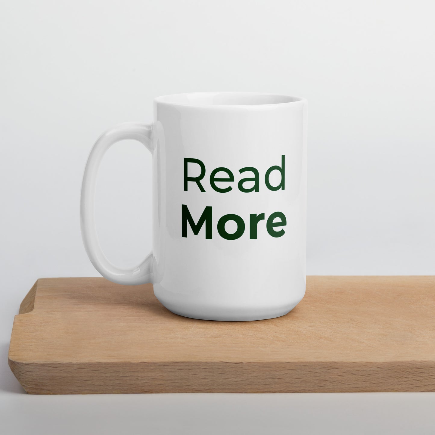 White glossy "Read more" mug