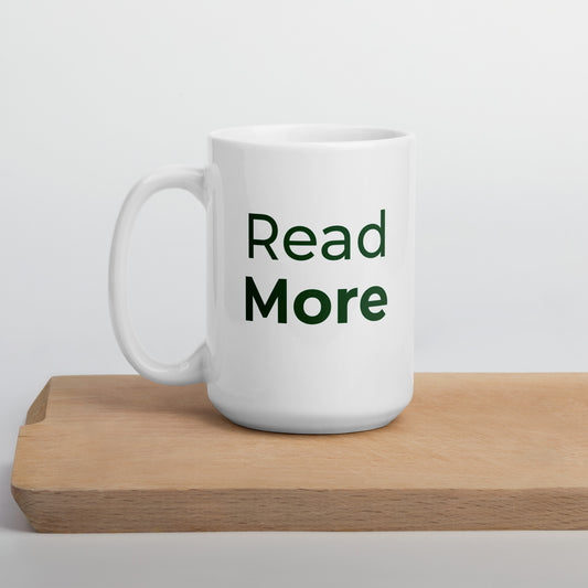 White glossy "Read more" mug
